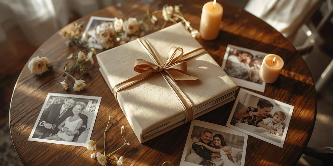 Album foto personalizat, ambalat elegant pentru cadou, alături de fotografii de familie și decor cald, simbol al amintirilor prețioase.