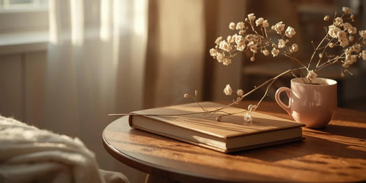 Album foto personalizat și poze tipărite în stil Polaroid, pe o masă decorată cu flori și lumină caldă, reprezentând amintiri prețioase.